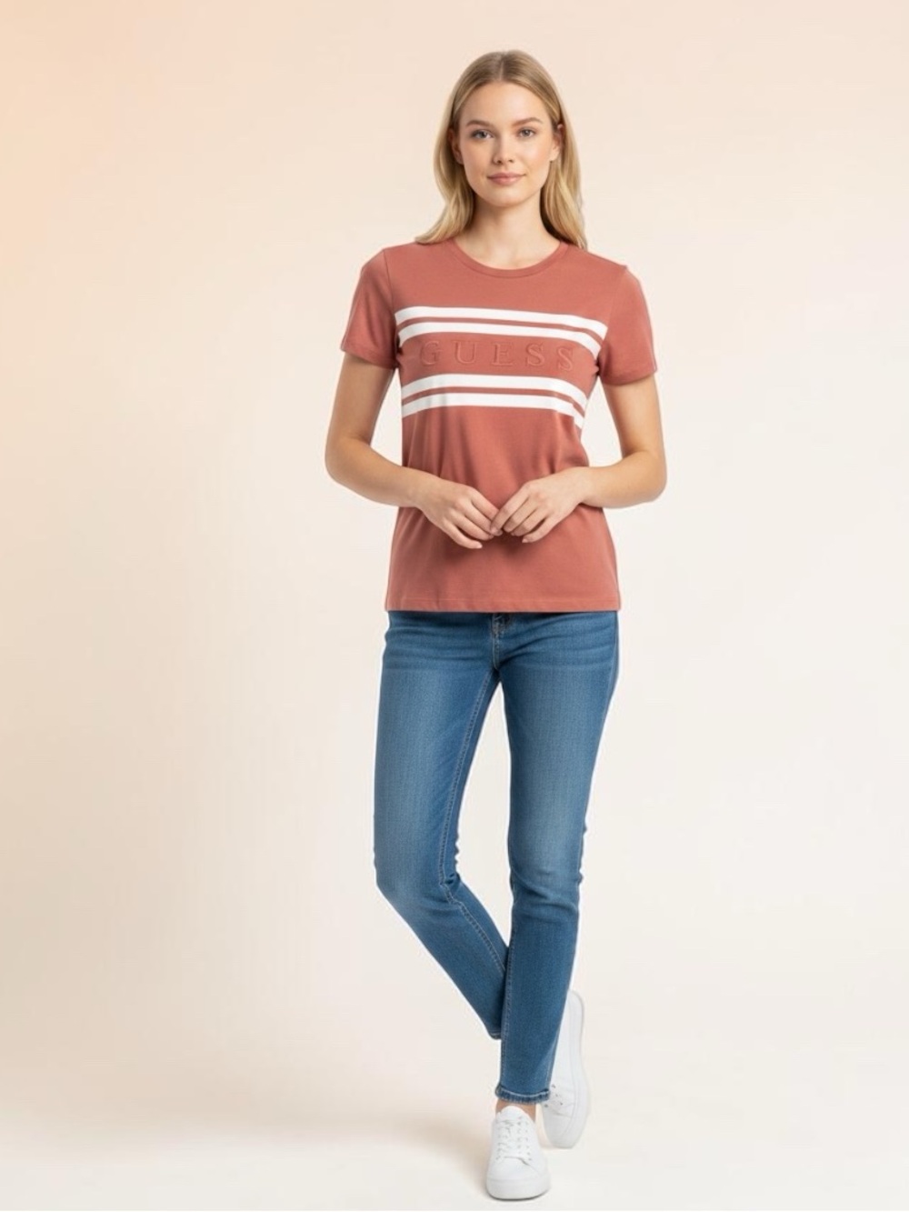 GUESS Rusty Rose Short Sleeve Logo Tee with White Stripes